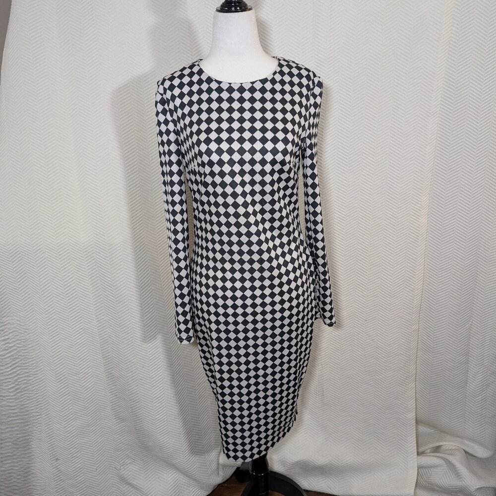 NAOKO Black & White Checkered Bodycon Midi Dress Long Sleeves Size Small